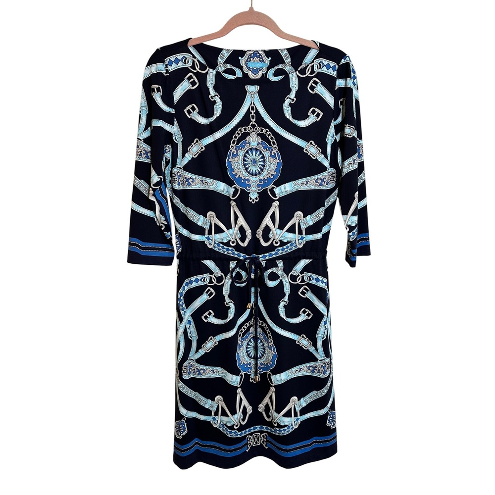 J. McLaughlin Marianne Boatneck Dress Size L Blue Horse Bit Print 3/4 Sleeve NEW